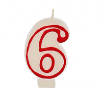 Zahlenkerze 7,3 cm weiss "6" mit rotem Rand von PAPSTAR Zahlenkerze "6", Höhe: