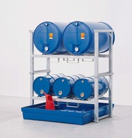 Fassregal mit Auffangwanne aus PE, 3 Fässer a`60 Liter und 2 Fässer a` 200 Liter