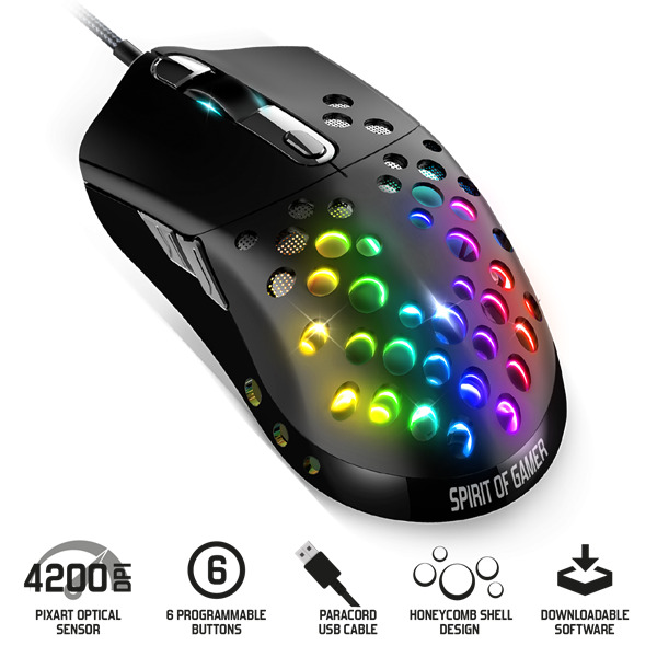 Spirit of Gamer Spirit of Gamer Egér - ELITE-M80 (Optikai, 4200DPI, 6 gomb, harisnyázott kábel, fekete)