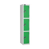 Probe keyless coloured lockers with combination lock, white body, 3 green doors, 460mm depth