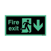 Safety Sign Niteglo Fire Exit Running Man Arrow Down 150x450mm Self-Adhesive NG2