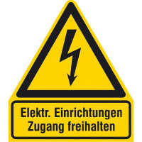 Warnschild Elektrische Einrichtungen Zugang..Kombischild, Alu, 29,70x41,00 cm DIN EN ISO 7010 W012 + Zusatztext ASR A1.3 W012 + Zusatztext