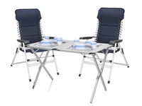 Campingtisch mit 2 Stühlen SET - Hochlehner Blau mit ALU Rolltisch 110x70cm