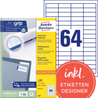 Universal-Etiketten, A4 mit ultragrip, 48,5 x 16,9 mm, 100 Bogen/6.400 Etiketten, weiß