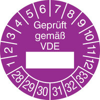 Prüfplaketten - Geprüft gemäß VDE, in Jahresfarbe,15 Stk/Bogen,selbstklebend, 2,5cm Version: 28-33 - Prüfplakette - Geprüft gemäß VDE 28-33