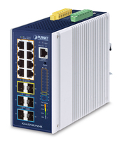 PLANET Industrial L3 8-Port Gestito Gigabit Ethernet (10/100/1000) Supporto Power over Ethernet (PoE) Alluminio, Blu