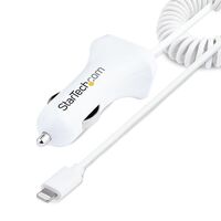 Lightning Car Charger With Coiled Cable, 1M Coiled Lightning Cable, 12W, White, 2 Port Usb Car Charger Adapter For Phones And