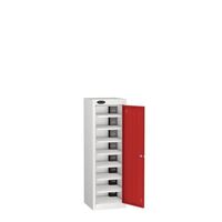 Probe tablet charging lockers with USB charge, 8 shelves, 1 red door