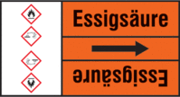 Rohrmarkierungsband mit Gefahrenpiktogramm - Essigsäure, Orange, 6.5 x 12.7 cm