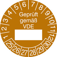 Prüfplaketten - Geprüft gemäß VDE, in Jahresfarbe,15 Stk/Bogen,selbstklebend, 2,5cm Version: 25-30 - Prüfplakette - Geprüft gemäß VDE 25-30