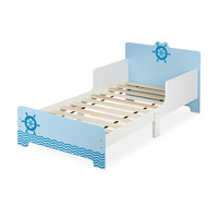 Relaxdays Kinderbett mit Rausfallschutz, HBT: 60x77x143 cm, Lattenrost, Kleinkindbett mit Seefahrt-Motiv, MDF, blau/weiß