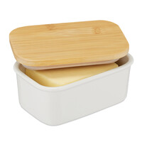 Relaxdays Butterdose, mit Deckel, Keramik & Bambus, 250 g Butter, HxBxT: 7,5 x 16 x 10,5 cm, Butterschale, weiß/natur