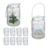 Relaxdays Windlicht, 12er Set, Glas mit Henkel, innen & außen, 10,5 x 7 cm, Hochzeit Teelichthalter, transparent/silber