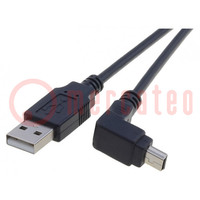 Kábel; USB 2.0; USB A dugó,USB B mini dugó könyök; 1,8m; fekete