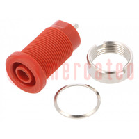 Socket; 4mm banana; 24A; red; nickel plated; on panel,screw; 34mm