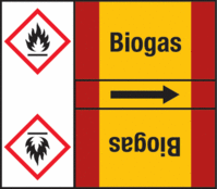 Rohrmarkierungsband mit Gefahrenpiktogramm - Biogas, Rot/Gelb, 10.5 x 12.7 cm