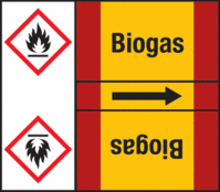 Rohrmarkierungsband mit Gefahrenpiktogramm - Biogas, Rot/Gelb, 10.5 x 12.7 cm