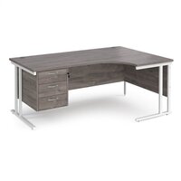 Maestro 25 right hand ergonomic desk 1800mm wide with 3 drawer pedestal - white cantilever frame, grey oak top