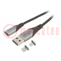 Kabel; magnetyczny,USB 2.0; 1,5m; czarny; Żyła: Cu,cynowana; 3A