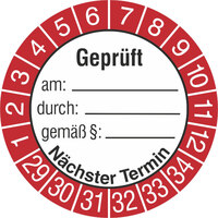 Prüfplaketten geprüft am: durch: gemäß:, selbstklebend, 3,0 cm Version: 29-34 - Geprüft am: durch gemäß 29-34