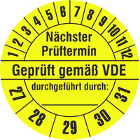 Prüfplakette, Nächster Prüftermin - Geprüft gemäß VDE..., 1000 Stk/Rolle, 3,0cm, g/s, Papier Version: 2027 - Prüfjahre: 2027-2031