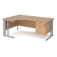 Maestro 25 left hand ergonomic desk 1800mm wide with 2 drawer pedestal - silver cable managed leg frame, beech top