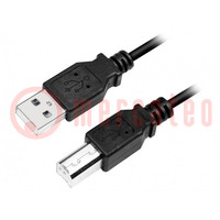 Kábel; USB 2.0; USB A dugó,USB B dugó; nikkelezett; 2m; fekete
