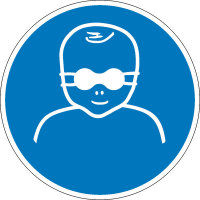 Augenabschirmung für Patienten tragen Gebotsschild, selbstkl. Folie, Größe 10cm DIN EN ISO 7010 M025