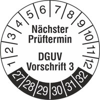 Prüfplakette, Nächster Prüftermin DGUV Vorschrift 3, 1000 Stk/Rolle, 3,0 cm, w/sch, Folie Version: 2027 - Prüfjahre: 2027-2032