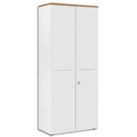 GAUTIER OFFICE Armoire Haute 2 portes pleines Yes façade Blanche et dessus Merisier L80 x H187 x P42 cm