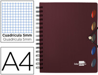 Cuaderno Espiral Liderpapel A4 Micro Executive Tapa Plastico 100H 80 Gr Cuadro 5Mm 5 Separadores con Gomilla Burdeos