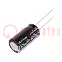 Capacitor: electrolytic; THT; 3300uF; 16VDC; Ø12.5x25mm; Pitch: 5mm