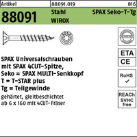 ART 88091 SPAX St. 6 x 50/32 -T30 WIROX, Senkkopf gal Zn VE=S
