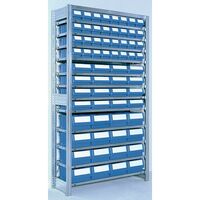 Galvanised shelving including shelf bins Starter and add on bays - 12 shelves - 32 bins