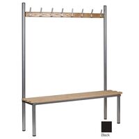 Club solo changing room bench, black 3000mm wide x 400mm deep with 14 hooks