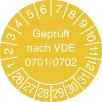 Prüfplaketten VDE 0701/0702, 15 Stk/Bogen, selbstkleb., 3 cm Version: 26-31 - Prüfplakette VDE 0701/0702 26-31