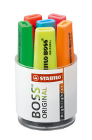 Textmarker STABILO® BOSS® ORIGINAL Rundbox. Kappenmodell, nachfüllbar, Farbe des Schaftes: in Schreibfarbe, Farbe: gelb, blau, grün, pink, rot, orange. Ausführung des Inhalts mi...