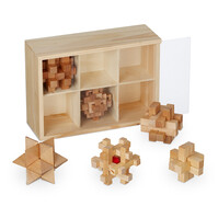 Relaxdays Knobelspiele für Erwachsene & Kinder, 6 Denksport Puzzle, Geduldspiele Holz, mit Box, Holzknobelei, natur