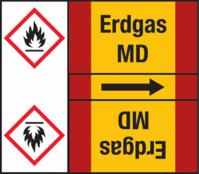 Rohrmarkierungsband mit Gefahrenpiktogramm - Erdgas MD, Rot/Gelb, Selbstklebend