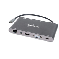 Manhattan SuperSpeed USB-C 7-in-1-Dockingstation, USB 3.1 Typ C-Stecker auf HDMI, Mini DisplayPort oder VGA, drei USB 3.0 Typ A-Ports, USB-C-PD-Port, Gigabit-RJ45-Port, SD-Karte...