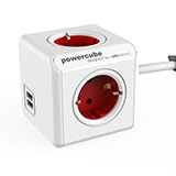 Allocacoc Regleta PowerCube, blanca y roja, de 4 tomas + USB