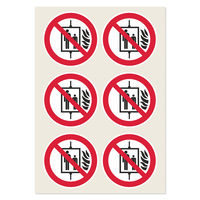Verbotsschild, Ø 50 mm, Aufzug im Brandfall nicht benutzen, P020, Polyesteretiketten, 100 Verbotszeichen