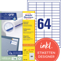 Universal-Etiketten, A4 mit ultragrip, 48,5 x 16,9 mm, 220 Bogen/14.080 Etiketten, weiß