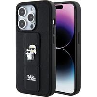 1_Karl Lagerfeld Gripstand Saffiano Karl&amp;Choupette Pins Hülle für iPhone 15 Pro – Schwarz