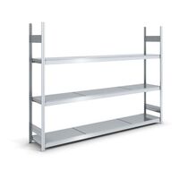 Wide span boltless shelving unit with steel shelves