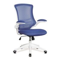 Medium height mesh back office chair with fold up arms and white frame, blue mesh