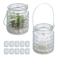 Relaxdays Windlicht, 12er Set, Glas, mit Henkel, innen & außen, Deko Teelichthalter, HxD: 9 x 8 cm, transparent/silber