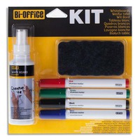 BI-OFFICE Kit 4 marqueurs effaçables à secs, brosse magnétique et un spray nettoyant 125 ml