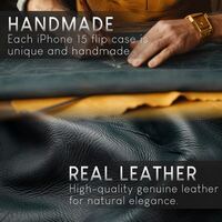 NALIA Echt-Leder Flipcase für iPhone 15 Hülle, Rindsleder Schutzhülle Lederhülle mit RFID-Schutz, Standfunktion Klappbar Dunkel-Blau