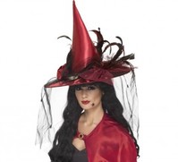Sombrero de Bruja Rojo con plumas y velo Universal Adulto